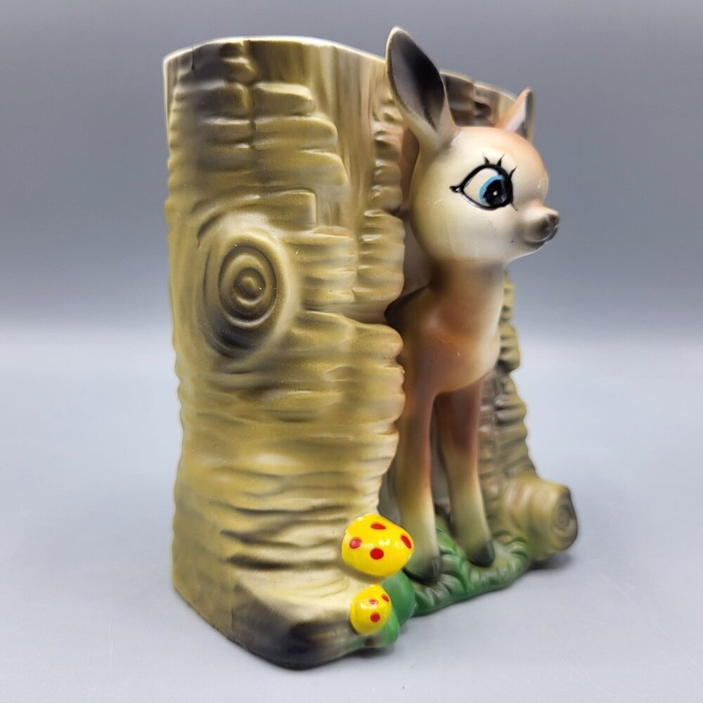 Vintage MCM Bambi Deer Vase Kitchy Planter Deer & Mushrooms Ceramic Table Decor - Picture 3 of 16